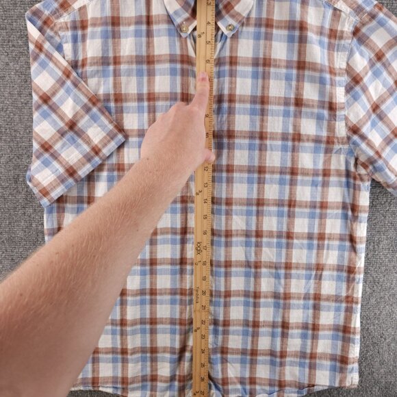 Johnnie-o Plaid Blue Brown Button Up Shirt Medium Lightweight Short Sleeve - Picture 3 of 13